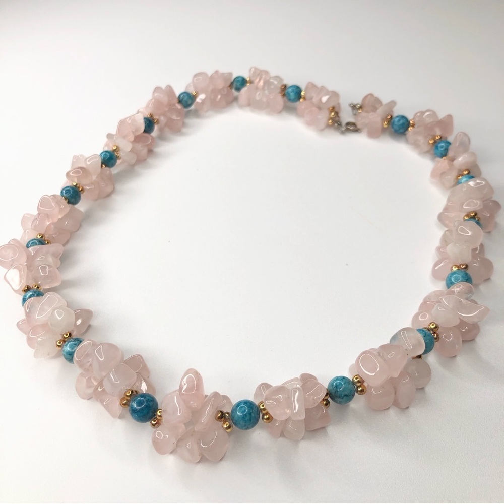 Vintage Chunky Rose Quartz & Turquoise Stone Necklace - Picture 2 of 4